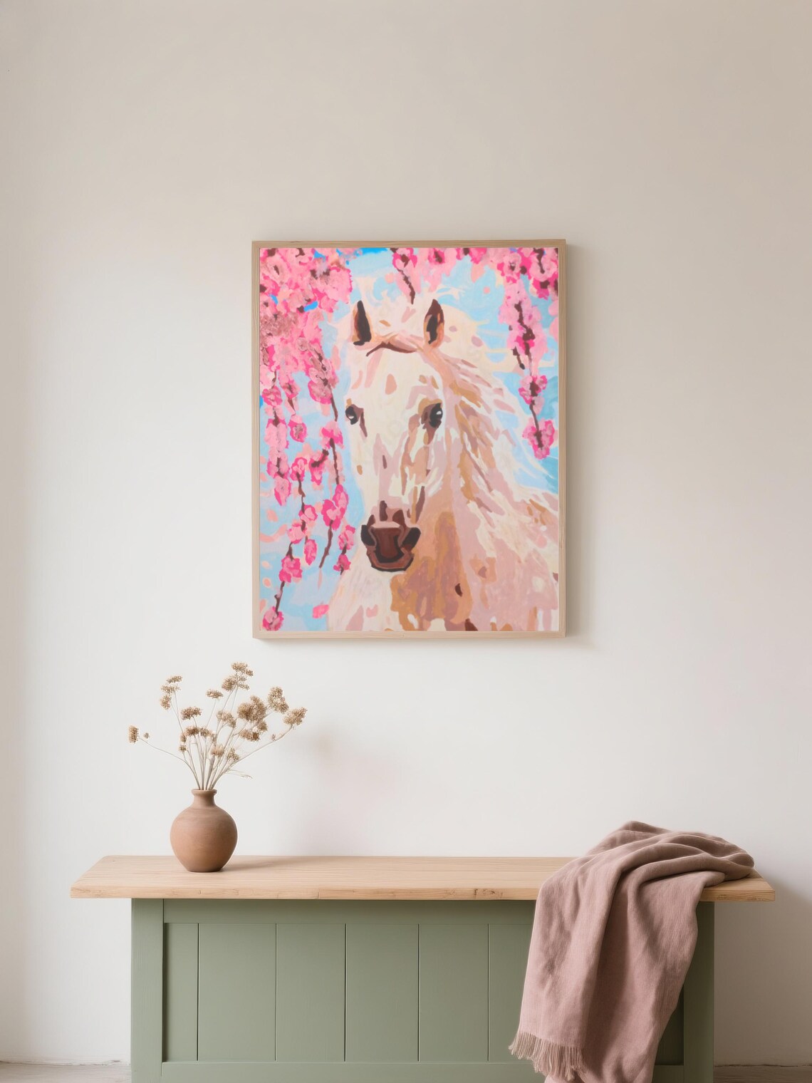 White Horse Among Pink Cherry Blossoms Portrait Painting Poster