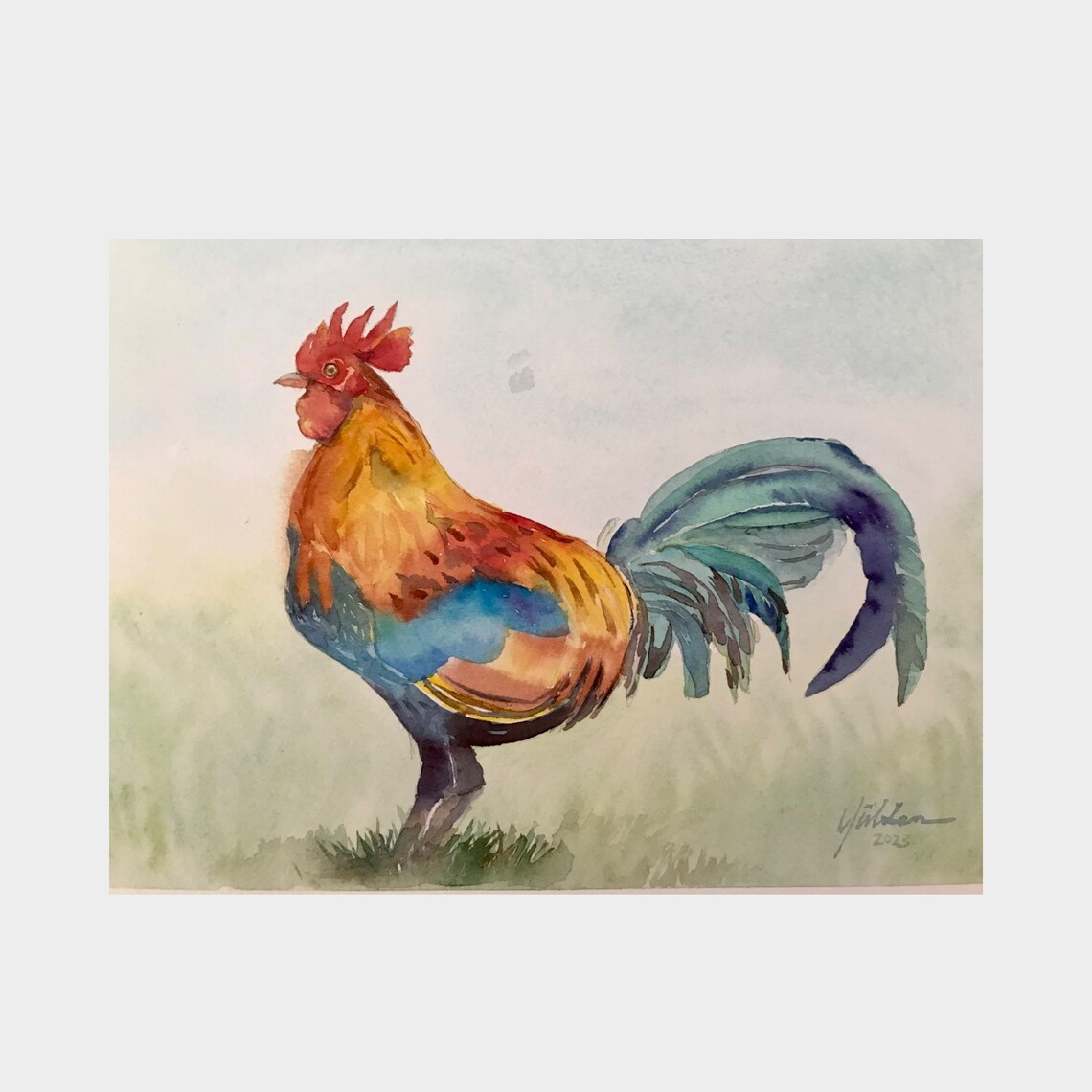 Vibrant Colorful Rooster Watercolor Painting in Orange and Teal Poster - Image 3