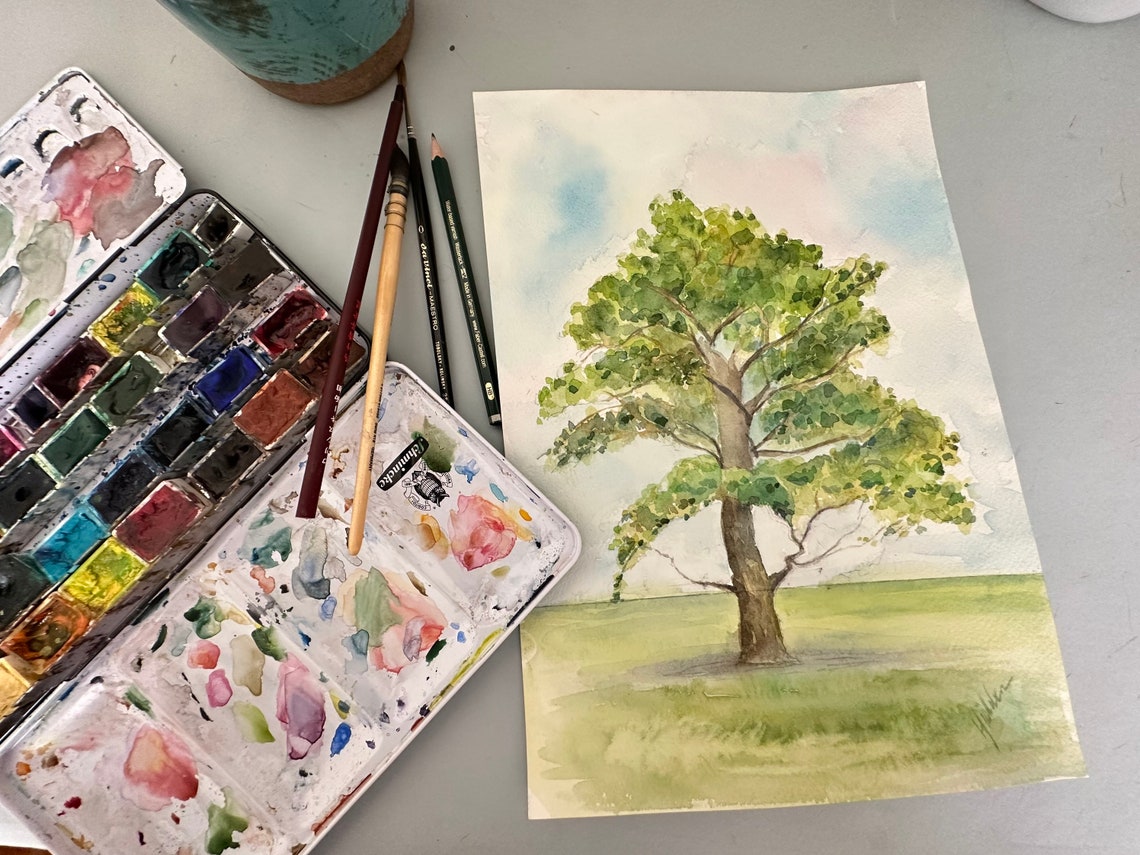 Tree Original Watercolor Painting Nature Wall Decor Tree Aquarelle Trees Landscape Painting 8x12 In - Image 5