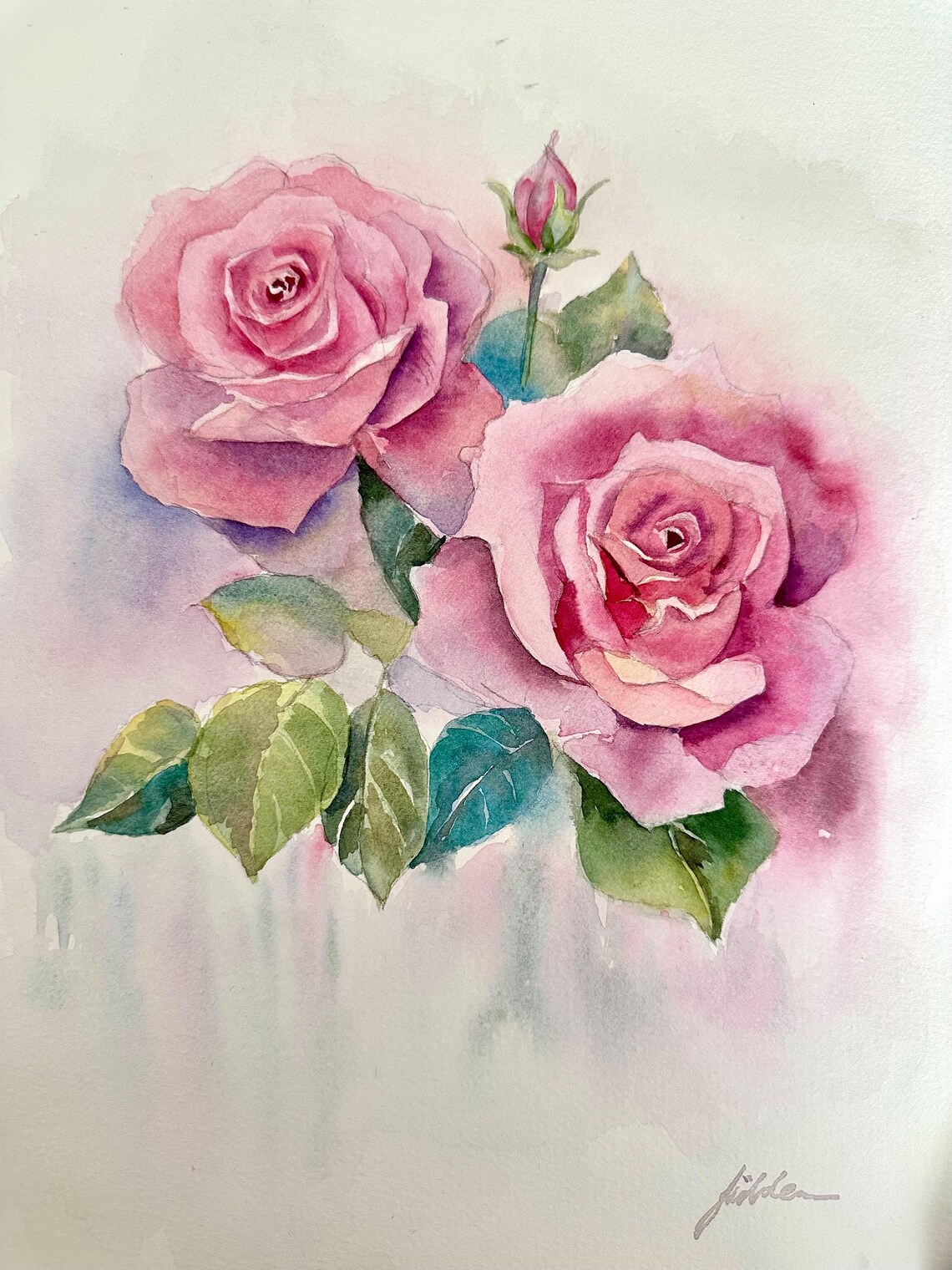Two Delicate Pink Roses with Buds Watercolor Floral Art Poster - Image 7