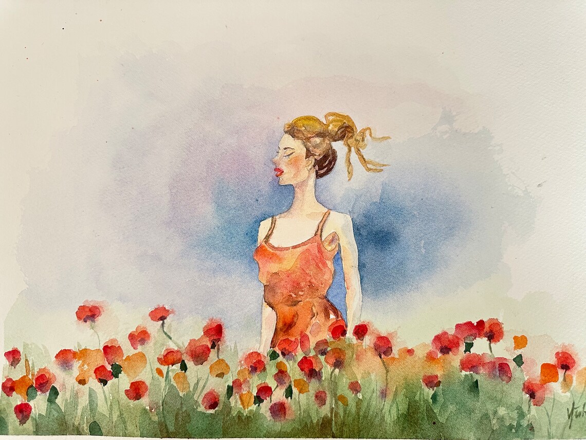 Woman in Red Dress Among Poppies Watercolor Field Art Poster