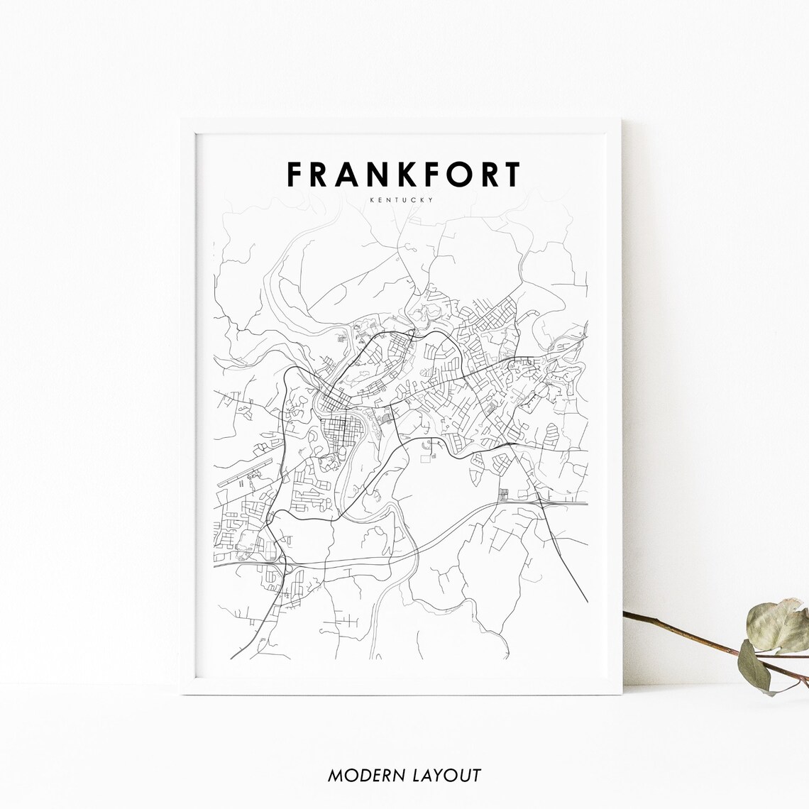Frankfort Kentucky Minimalist Black White City Street Map Poster