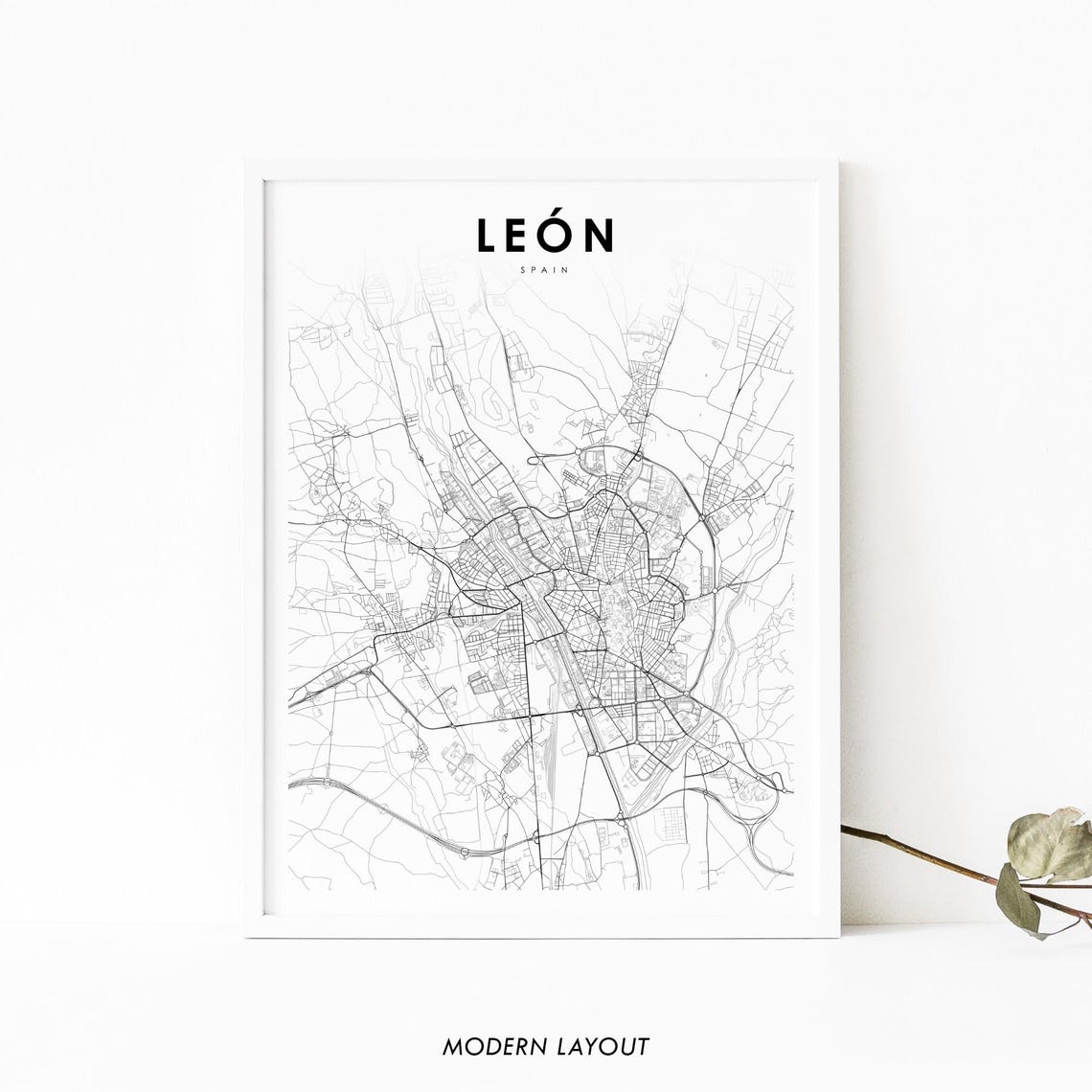 Leon Spain Minimalist City Street Map Black And White Art Poster