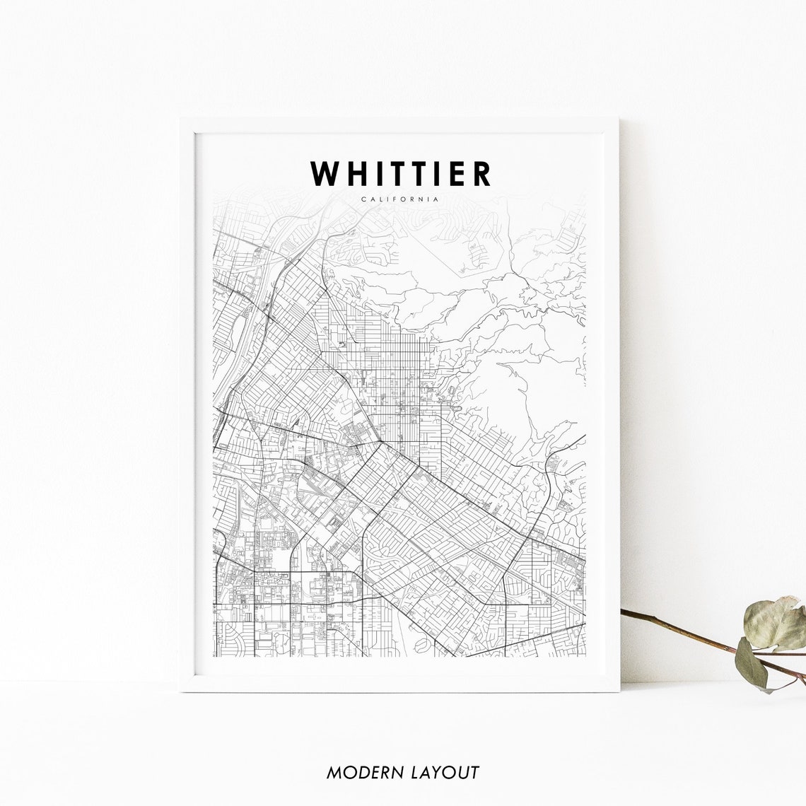 Whittier California Minimalist Street Map Black And White Art Poster