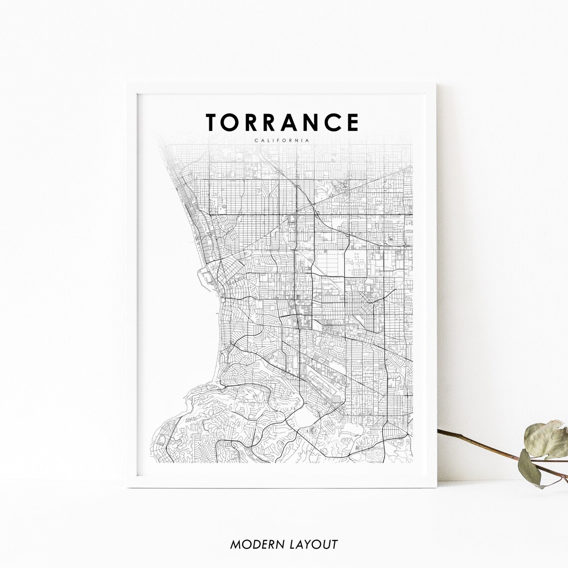 Minimalist Black and White Torrance California City Street Map Art Print