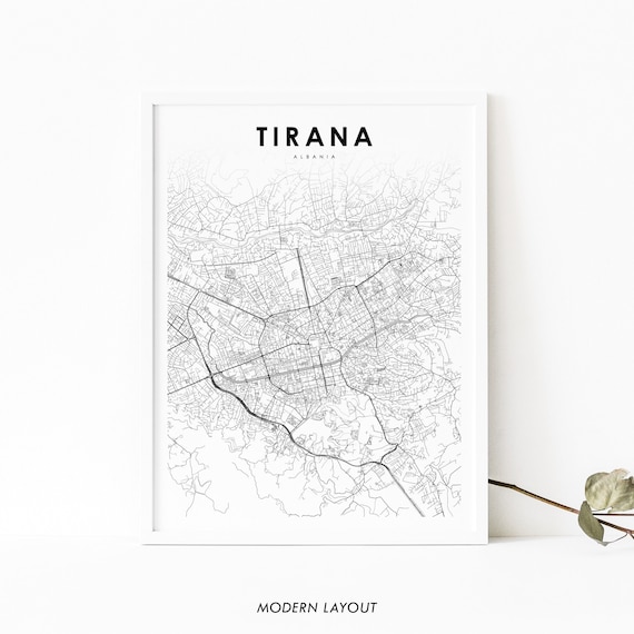 Tirana Albania Minimalist City Street Map Black and White Wall Art