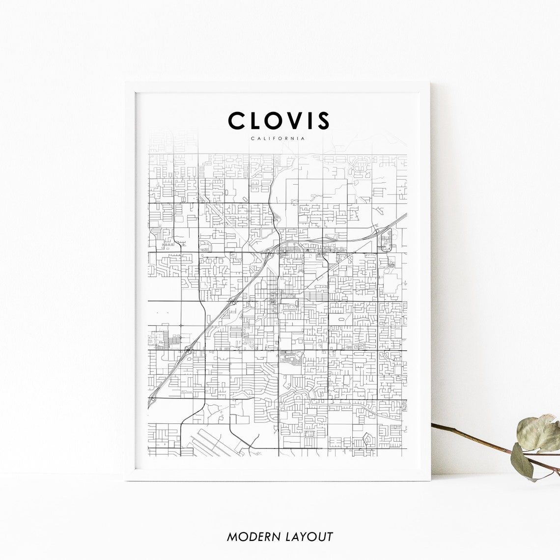 Clovis California Street Map Modern Minimalist City Map Wall Art