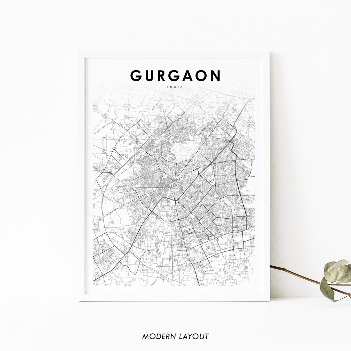 Gurgaon India Minimalist Line Art City Map Modern Black White Poster