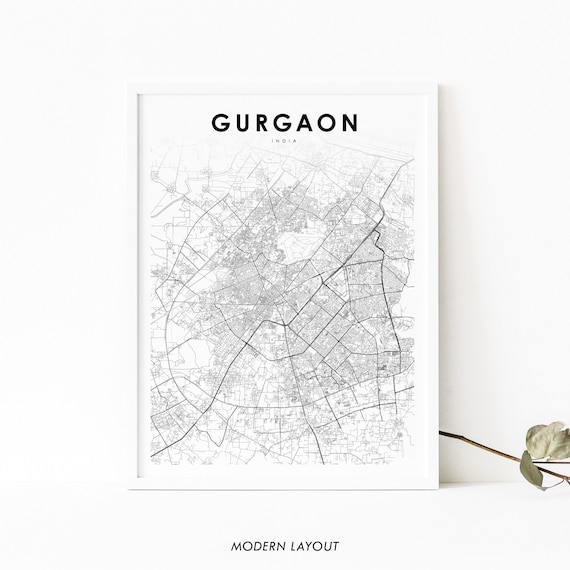 Gurgaon India Minimalist Line Art City Map Modern Black White Poster