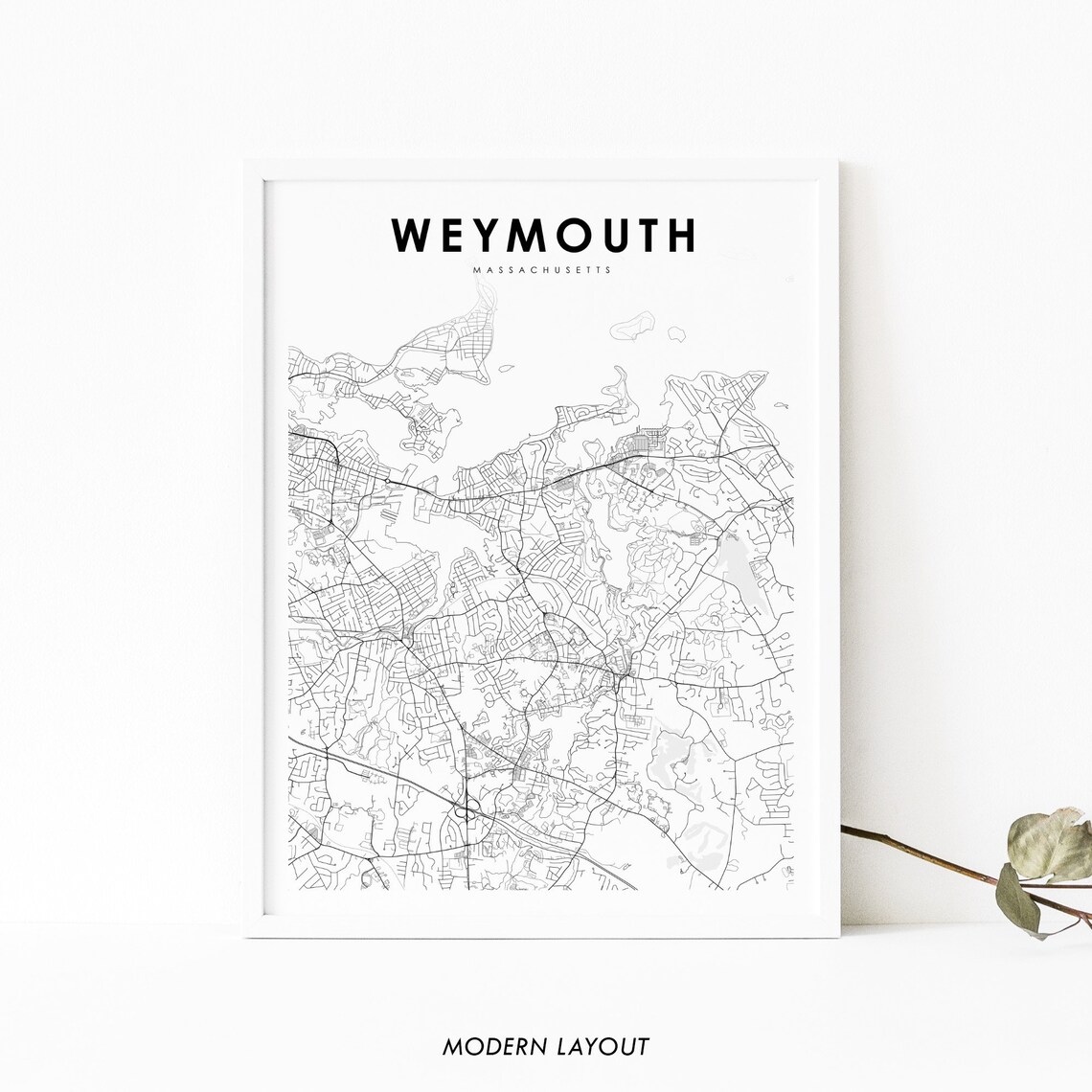 Weymouth Massachusetts Black Minimalist City Street Map Art Print