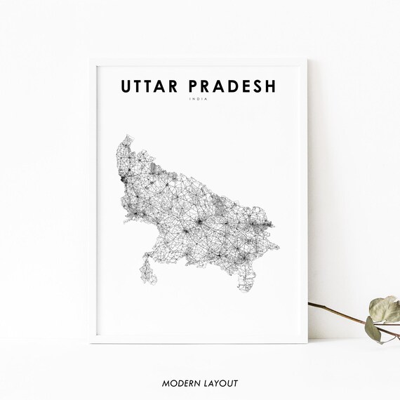 Uttar Pradesh India Minimalist Black Line Art Road Map Travel Poster