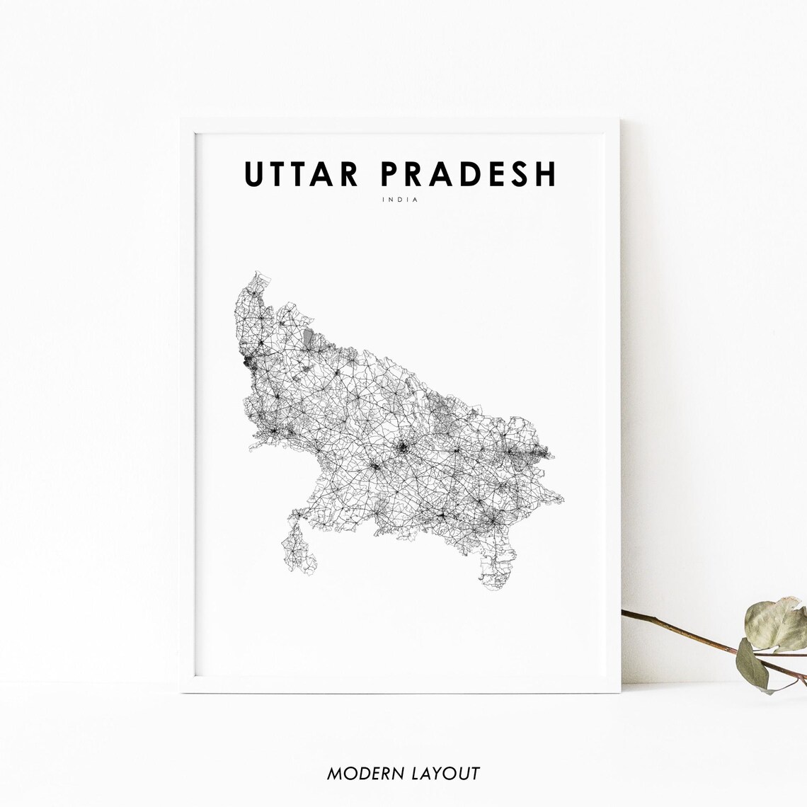 Uttar Pradesh India Minimalist Black Line Art Road Map Travel Poster