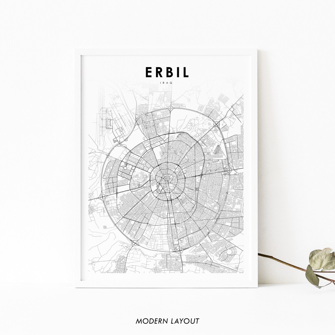 Erbil Iraq Circular Street Map Modern Minimalist City Poster