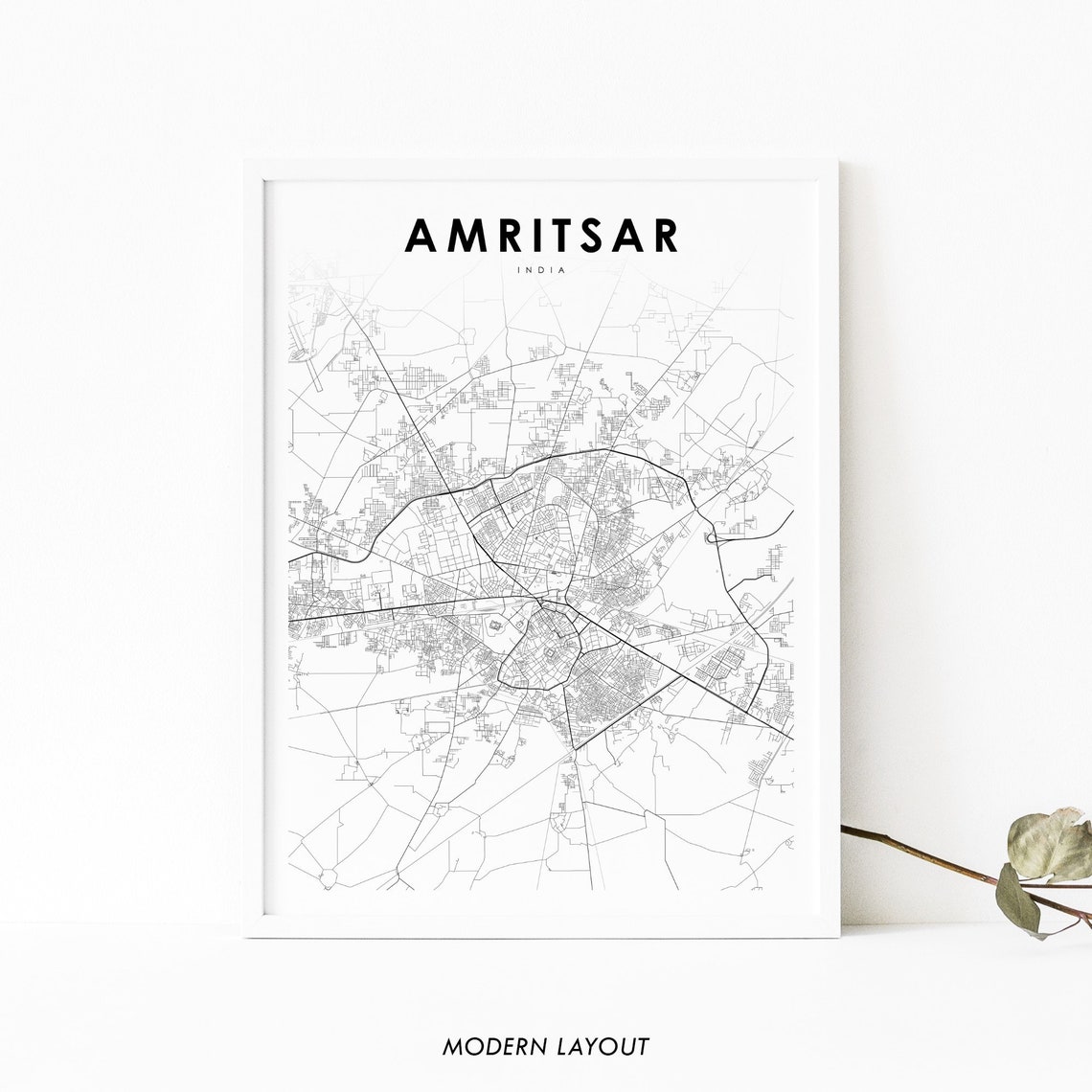 Amritsar India Minimalist Line Art City Map Modern Black White Poster