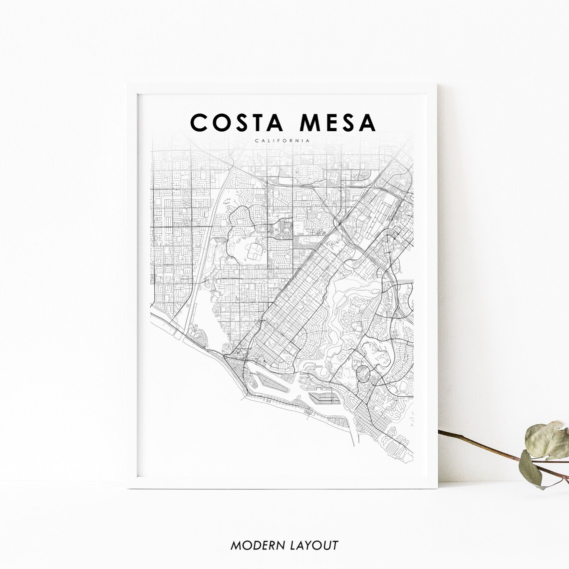 Costa Mesa California Minimalist Black and White City Street Map Poster