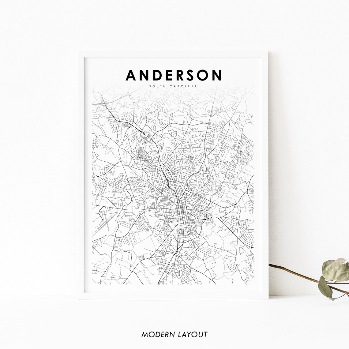 Anderson South Carolina White Minimalist City Street Map Art Print