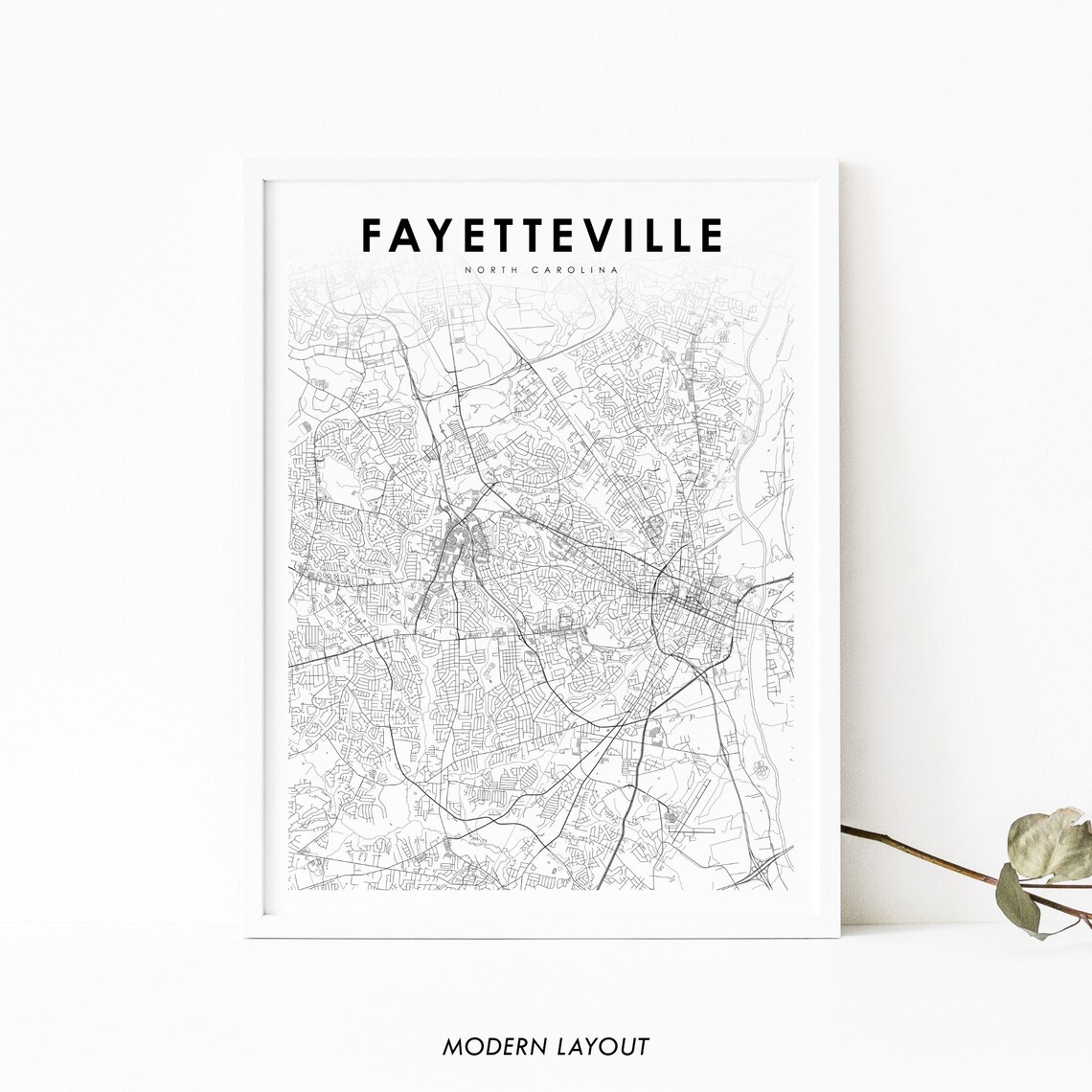 Fayetteville North Carolina Minimalist Black and White Street Map Poster