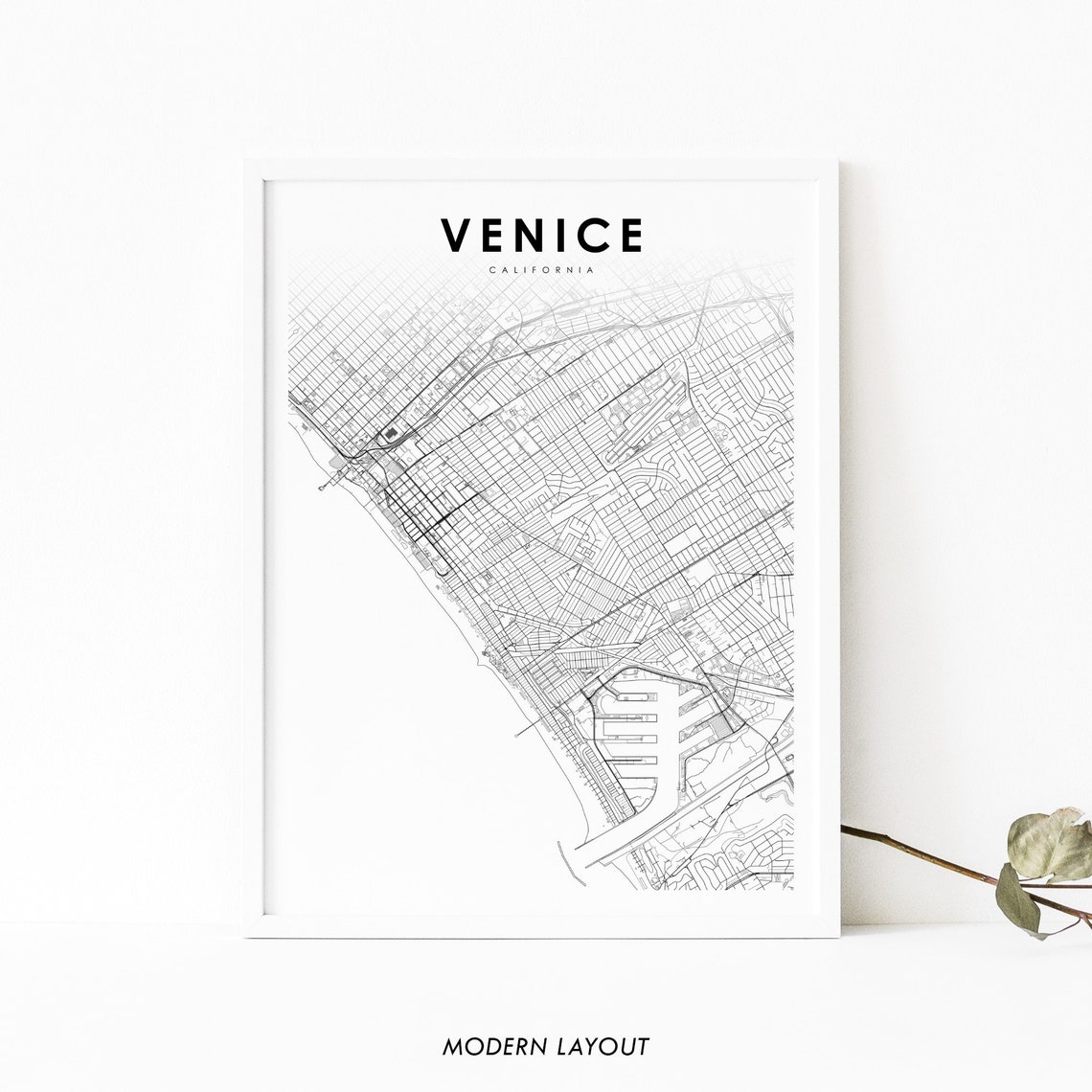 Venice California Minimalist Black and White Beach City Map Poster