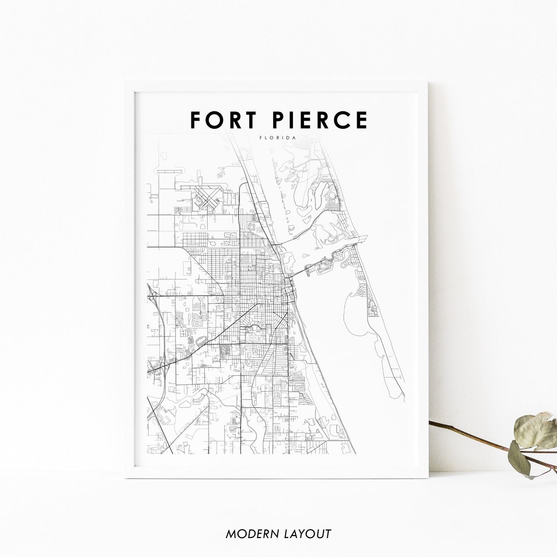 Fort Pierce Florida Minimalist Black And White City Map Poster