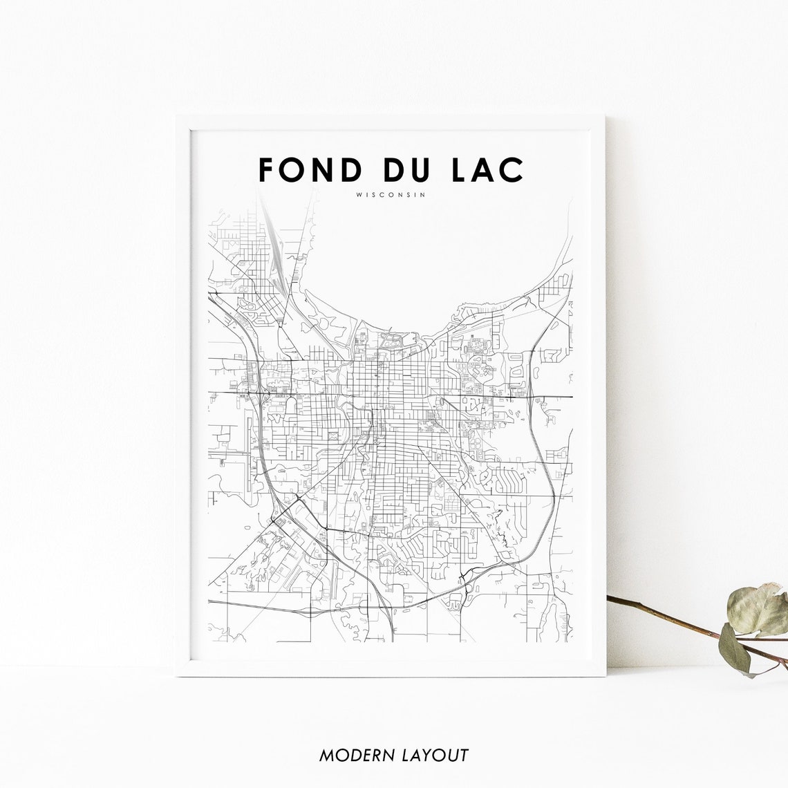 Fond Du Lac Wisconsin City Street Map Modern Minimalist Wall Art