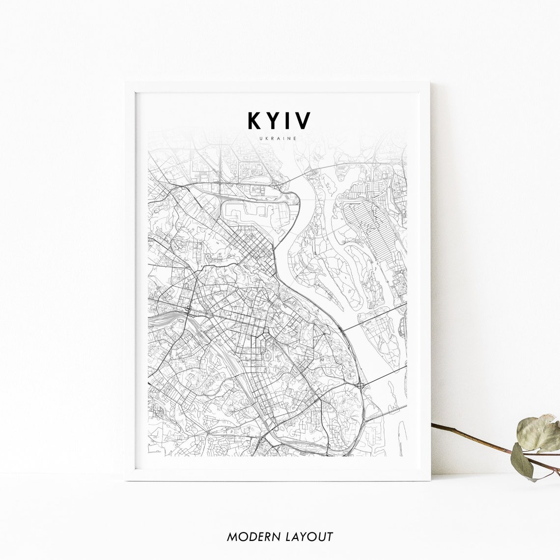 Kyiv Ukraine Minimalist Black and White Downtown City Map Poster