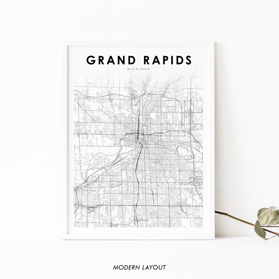 Grand Rapids Michigan Minimal Black White City Street Map Poster