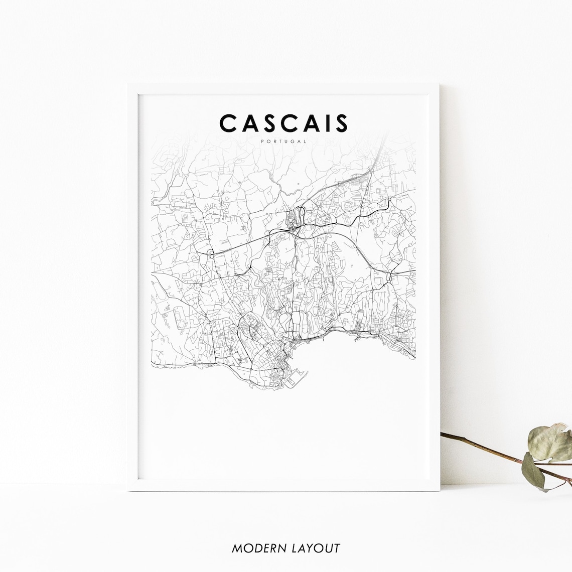 Cascais Portugal Lisbon Riviera Minimalist Black and White Map Poster