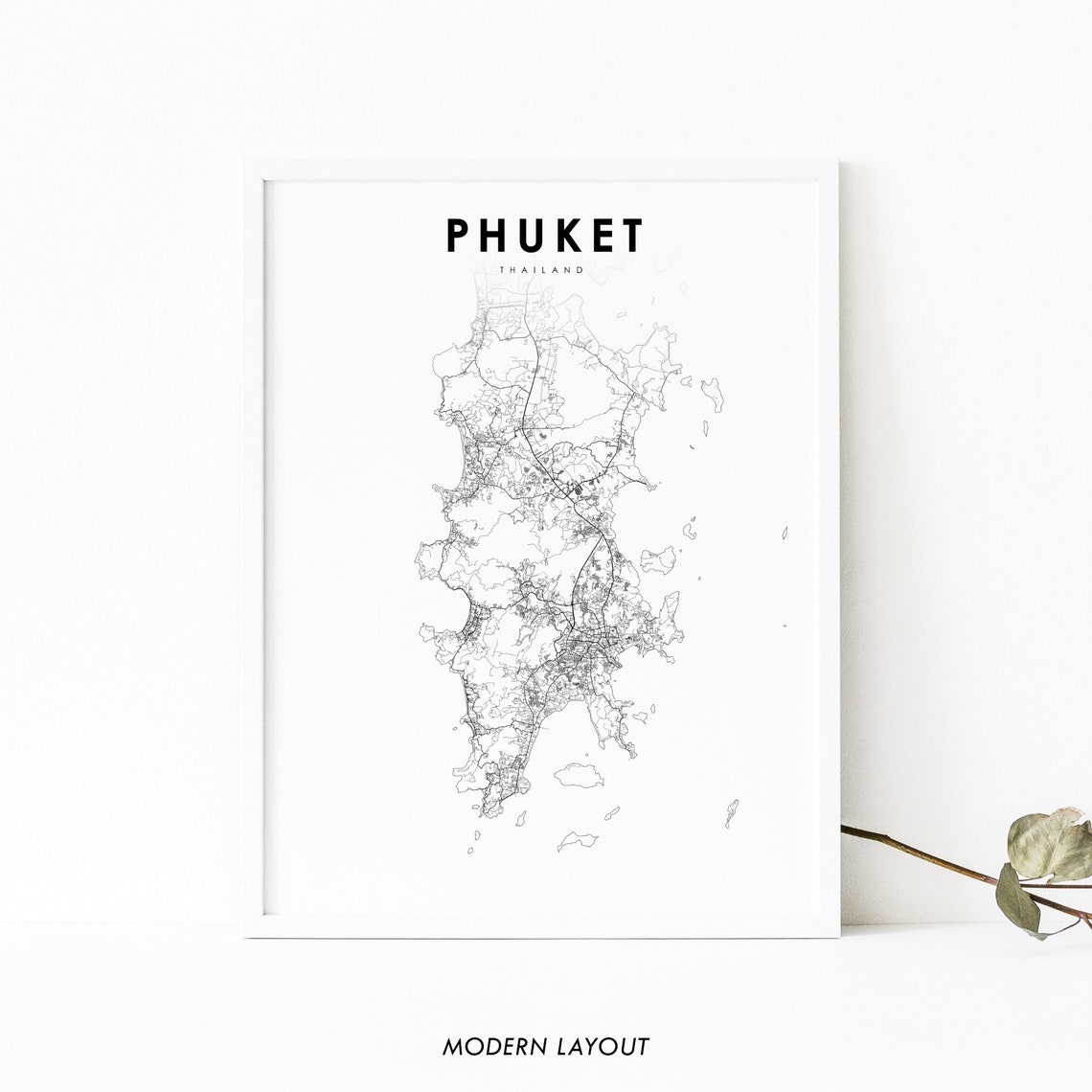 Phuket Thailand Island Minimalist Street Map Black White Print