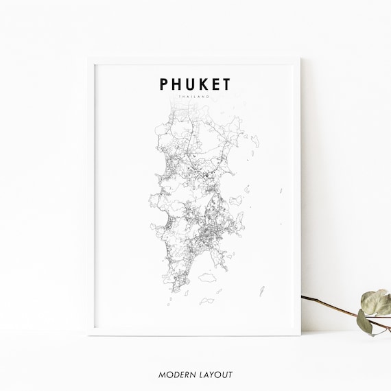 Phuket Thailand Island Minimalist Street Map Black White Print