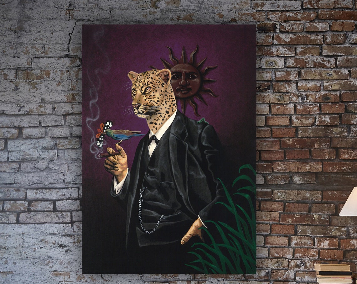 Leopard Man In Suit Cigar Surreal Animal Portrait Art Poster