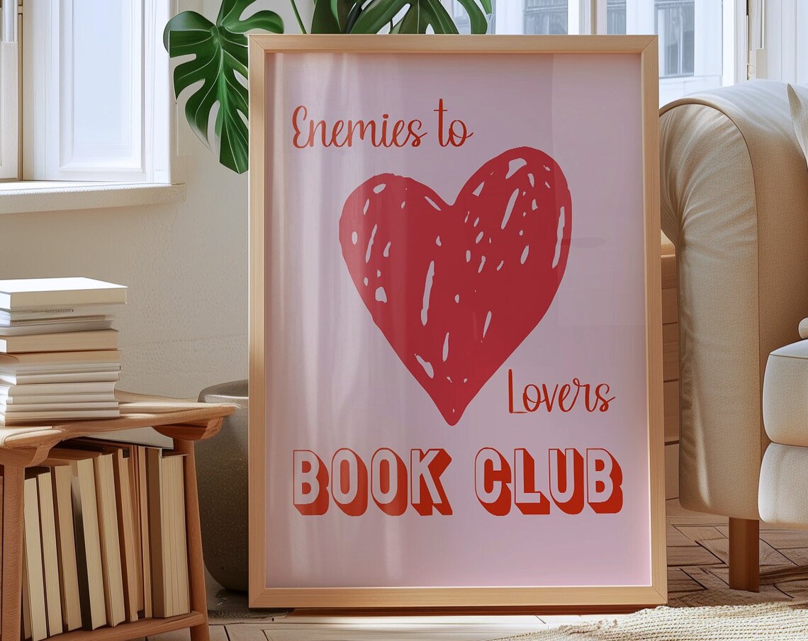 Enemies To Lovers Book Club Red Pink Heart Romance Trope Poster - Image 3