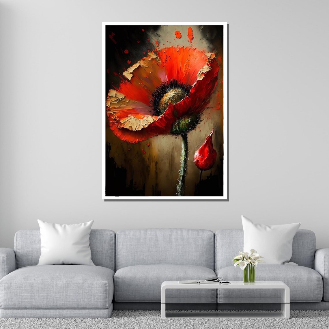 Red Poppy Blossom Abstract Flower Wall Art Vibrant Floral Painting Bold Flower Decor Ready To Hang Artwork - Image 4
