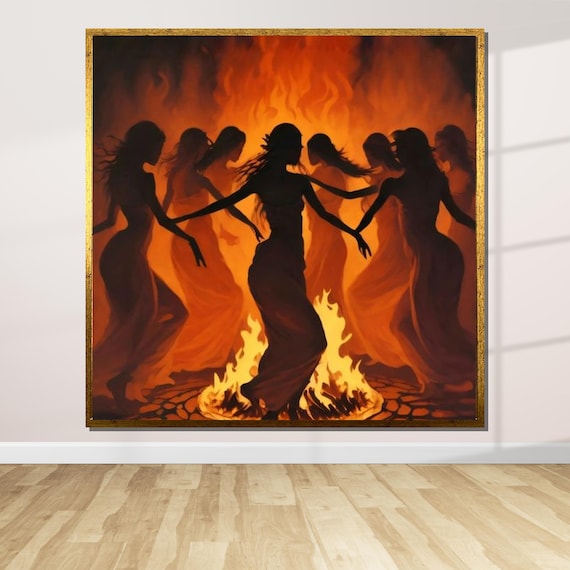 Fire Dance Ritual Mystic Women Wall Art Tribal Dance Decor Enigmatic Flame Design Ready To Hang
