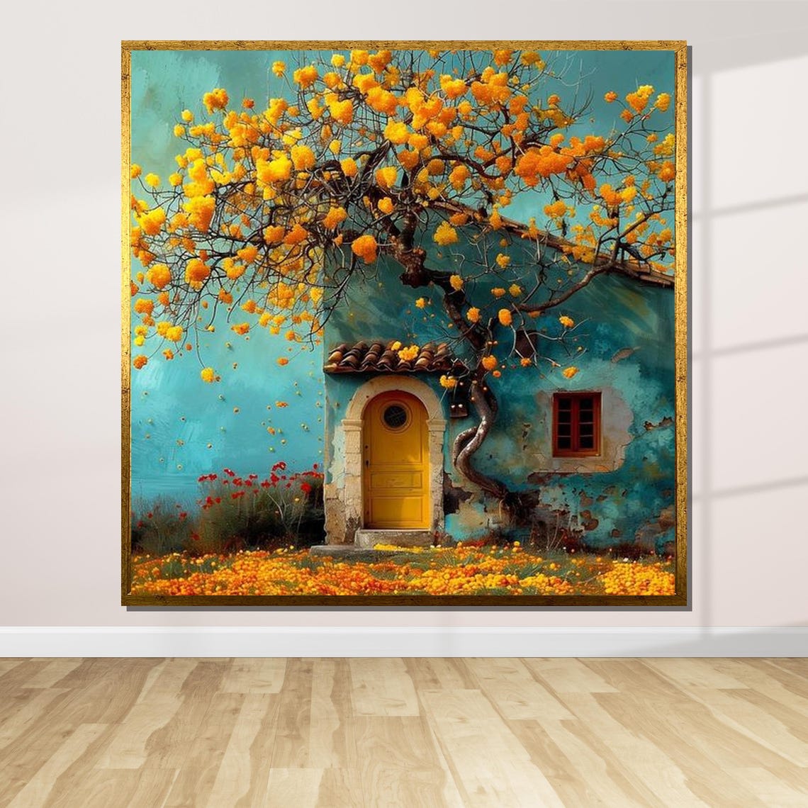 Dreamy Turquoise Cottage Yellow Blossom Tree Rustic House Art Poster