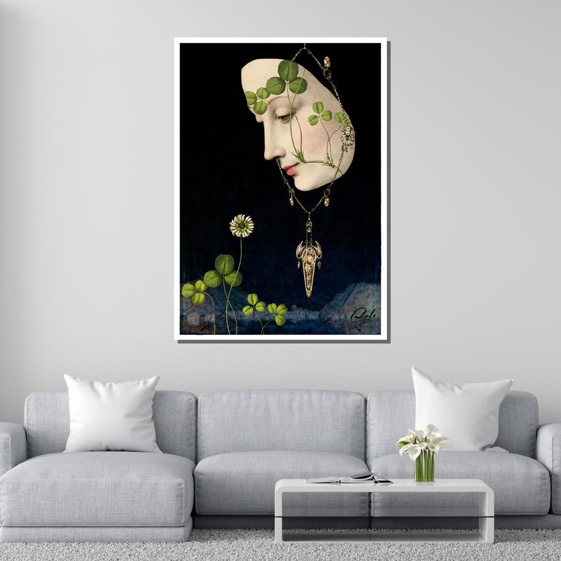 Enigmatic Clover Face Surreal Botanical Profile Pendant Art Print - Image 2