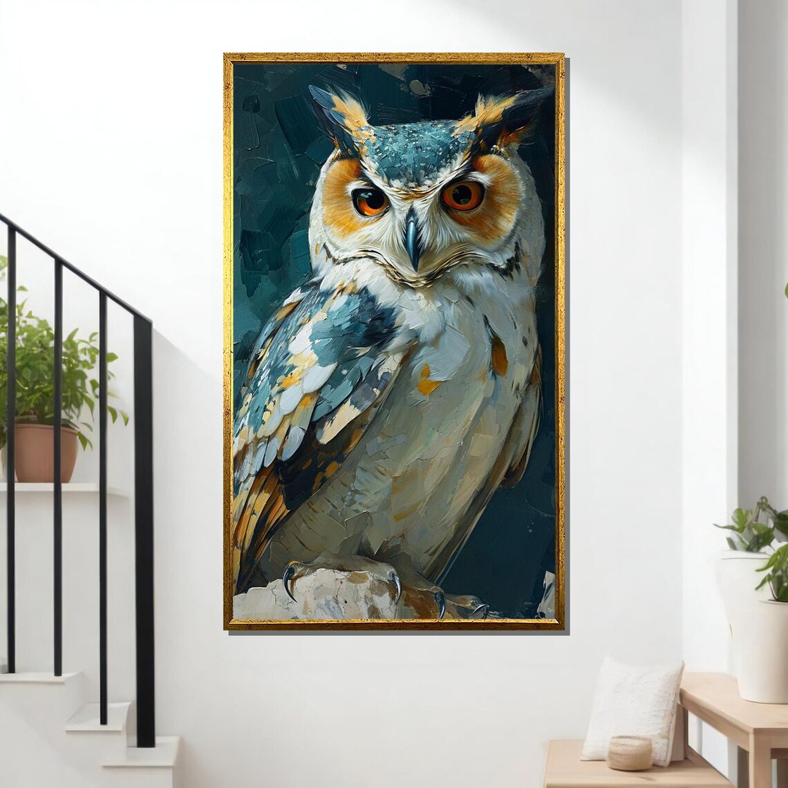 Majestic Owl Portrait Abstract Bird Painting Blue Orange Wall Poster