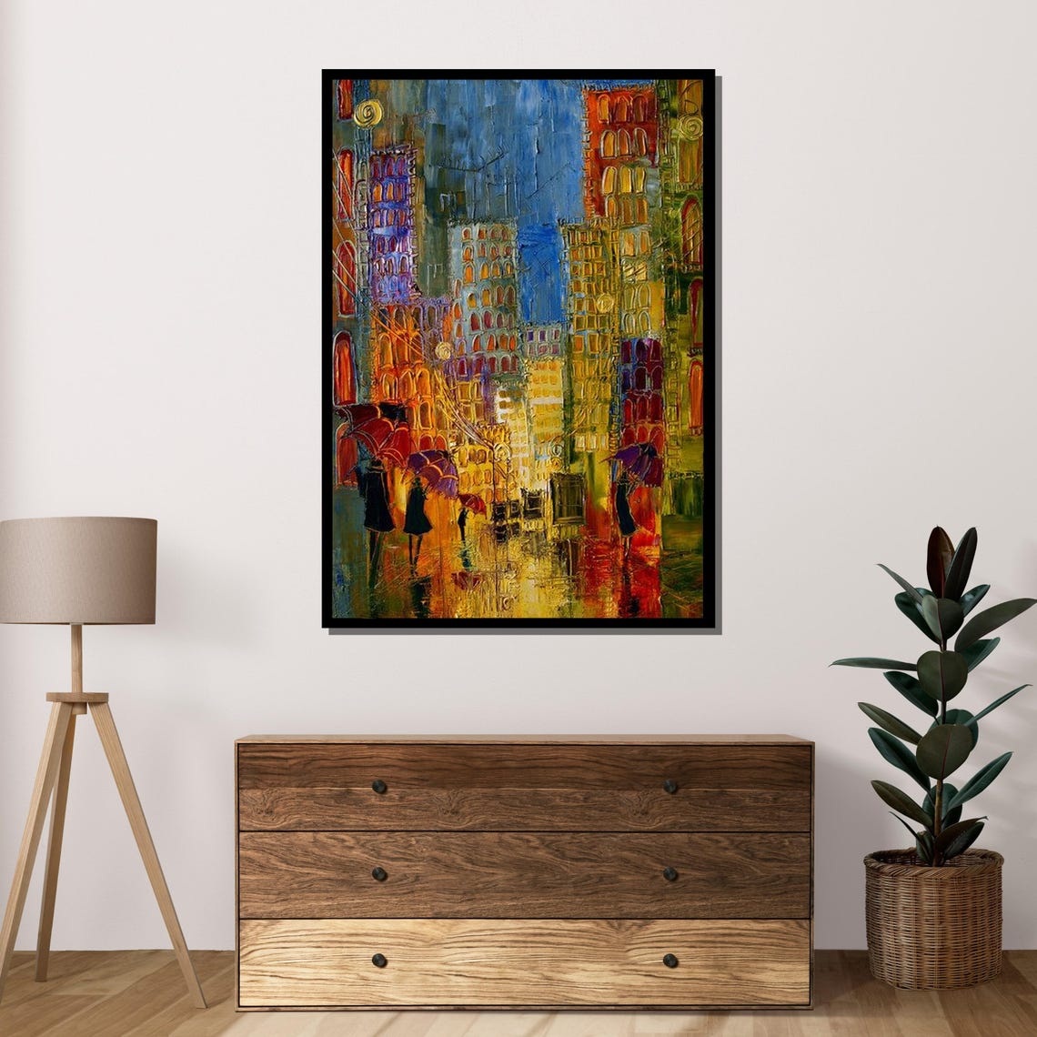 Colorful Rainy City Night Lights Abstract Cityscape Umbrella Poster - Image 4