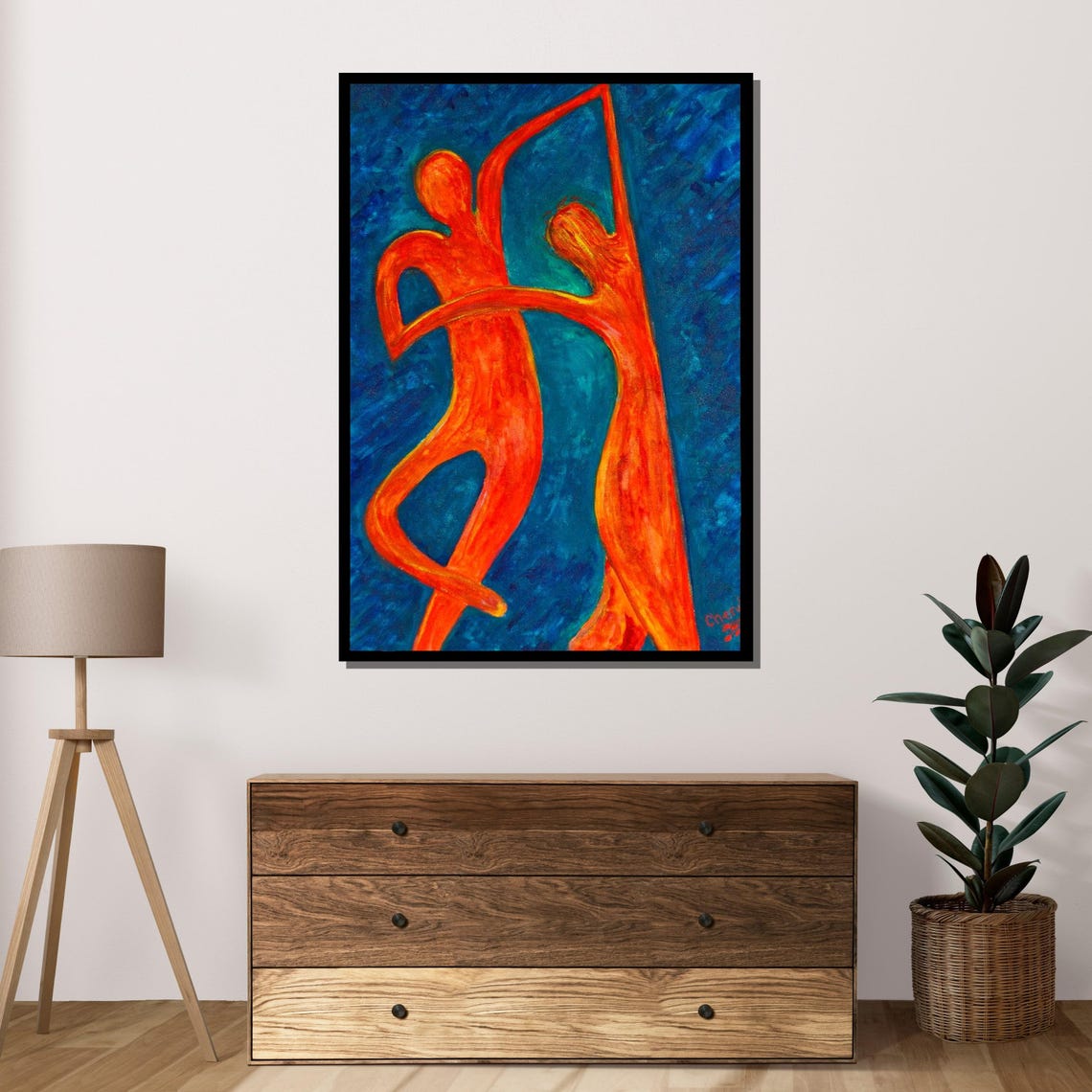 Fiery Red Dance Couple Abstract Figures Blue Background Art Poster - Image 4