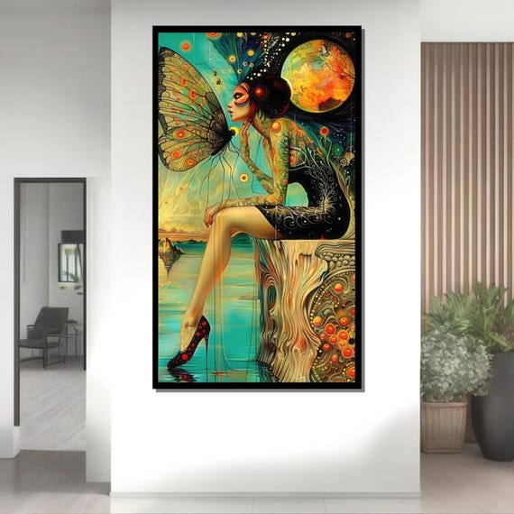 Fantasy Butterfly Woman Surreal Art Print Whimsical Wall Decor Colorful Dreamscape Design Home Decor Ready To Hang Decoration
