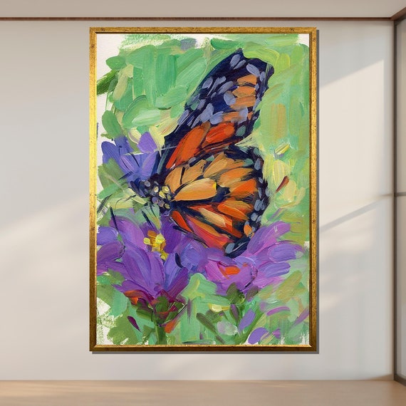Colorful Butterfly and Flowers Art Print, Floral Decor