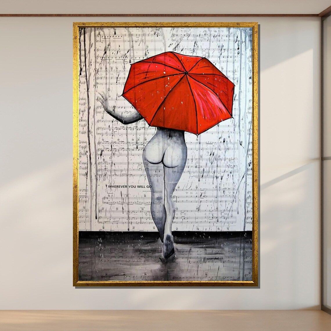 Sensual Nude Woman Red Umbrella Rainy Music Sheet Background Art Poster - Image 2