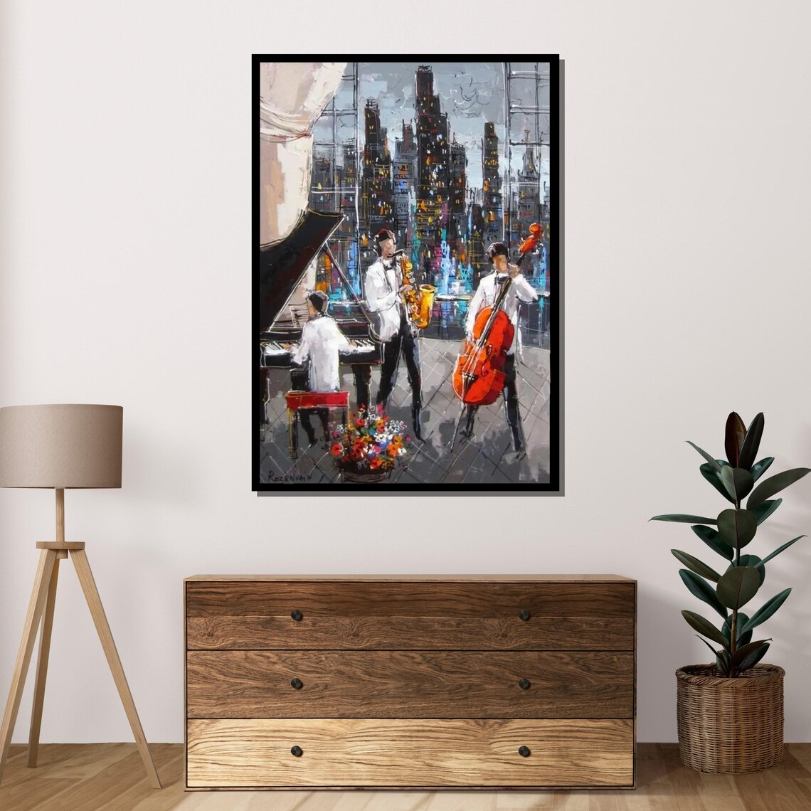Jazz Trio Night Cityscape Saxophone Piano Cello Urban Music Art Poster