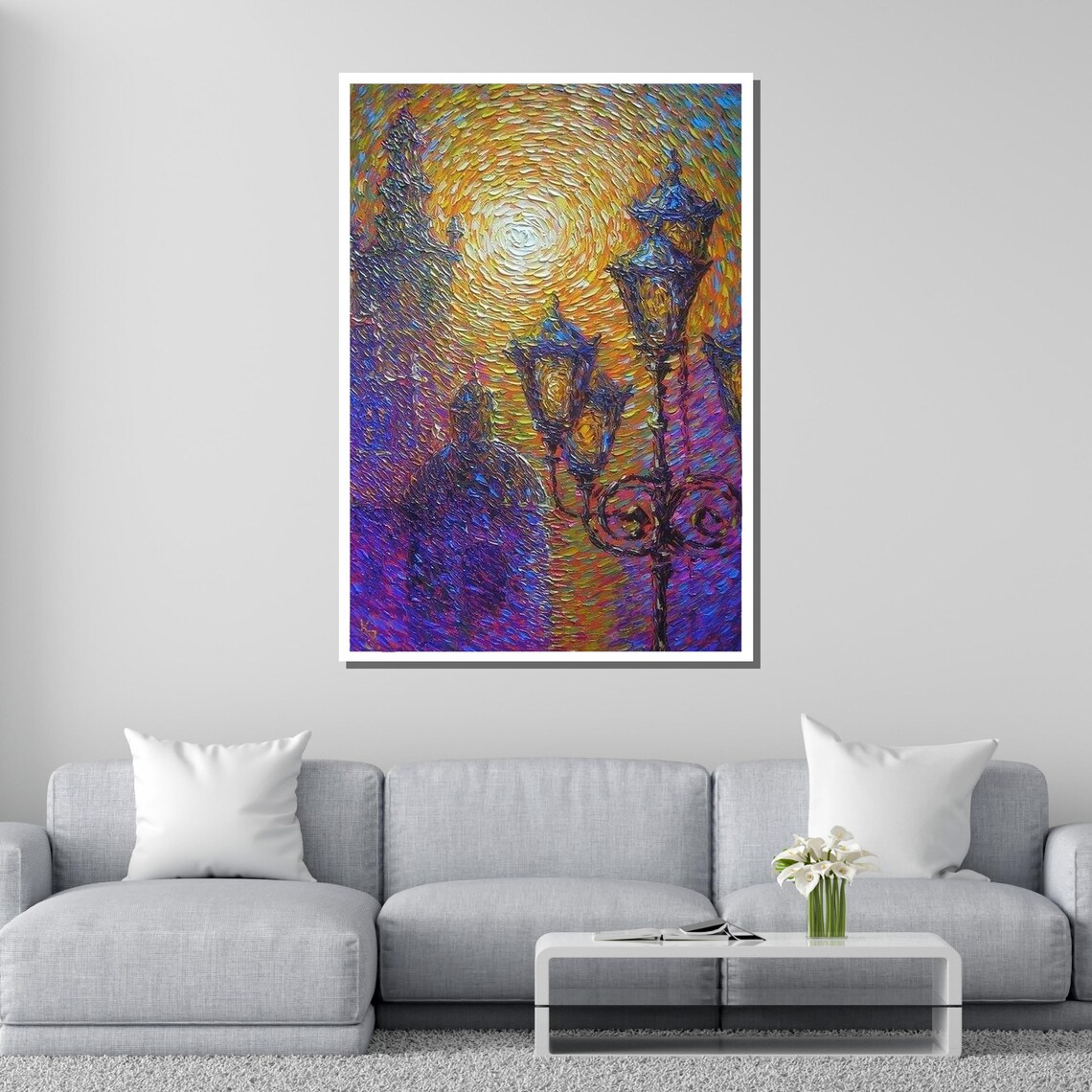 Street Lamps Impressionist Cityscape Art Print - Image 2