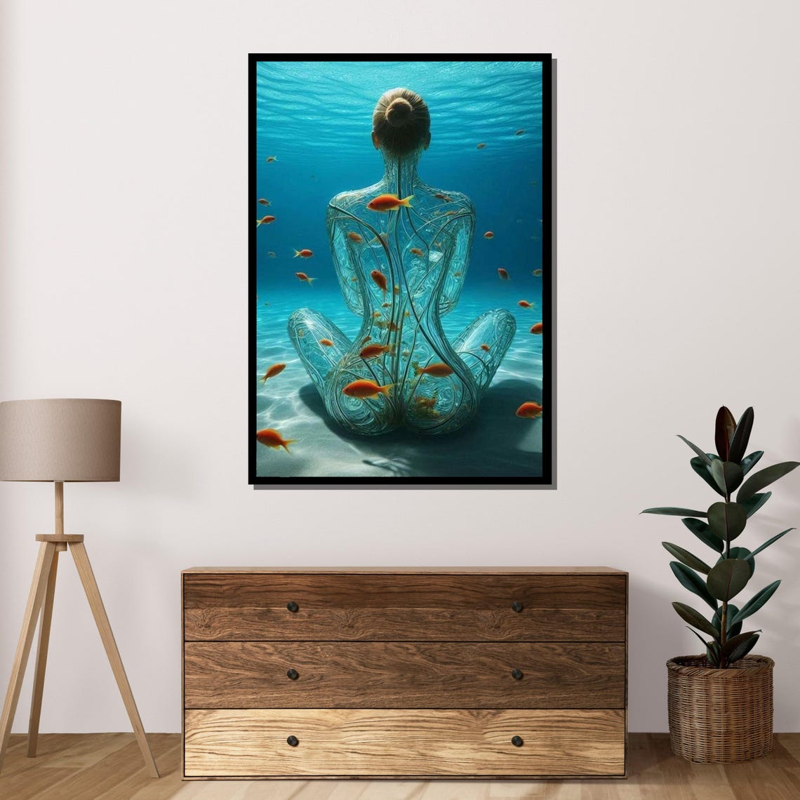 Underwater Serenity Glass Woman Meditating With Goldfish Ocean Poster