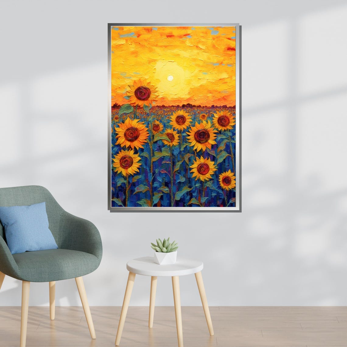 Sunflower Field Sunset Golden Hour Vibrant Impasto Floral Art Poster - Image 3