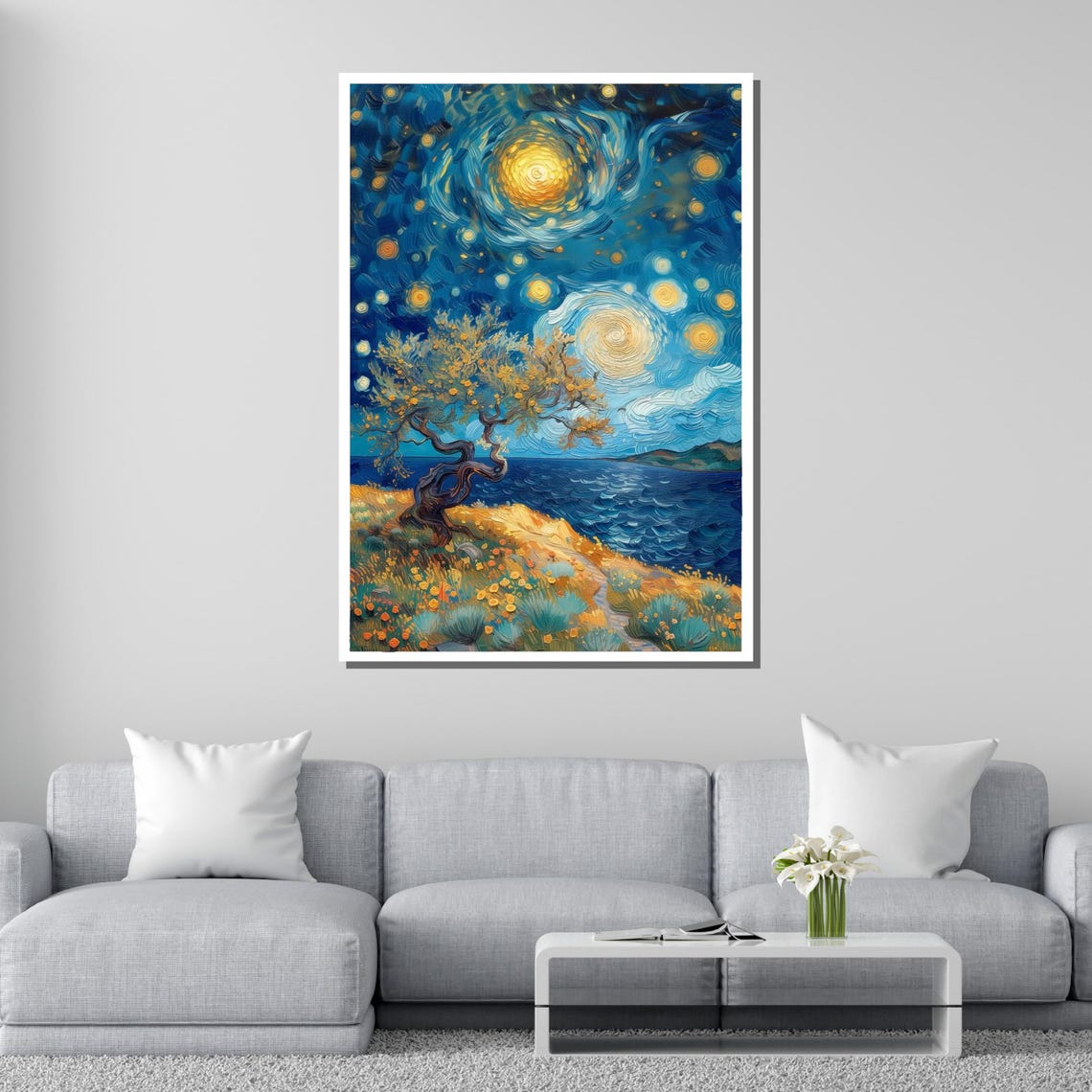 Starry Night Landscape Van Gogh Inspired Night Sky Art Starry Sky Painting Ready To Hang Wall Decor - Image 4