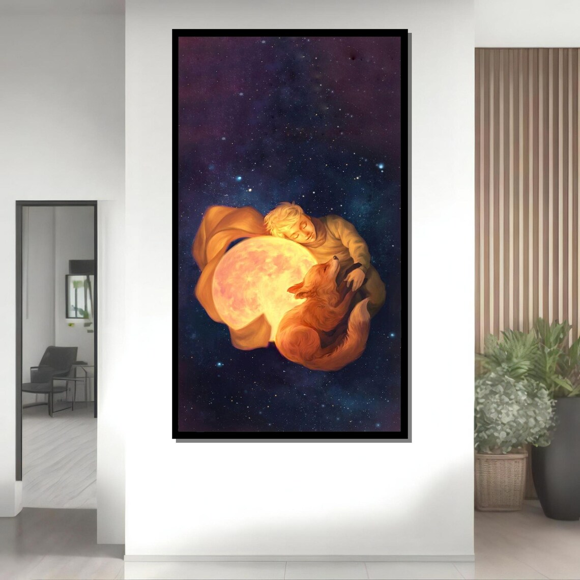 Moonlit Boy And Fox Sleeping Under Starry Night Sky Fantasy Wall Poster - Image 4