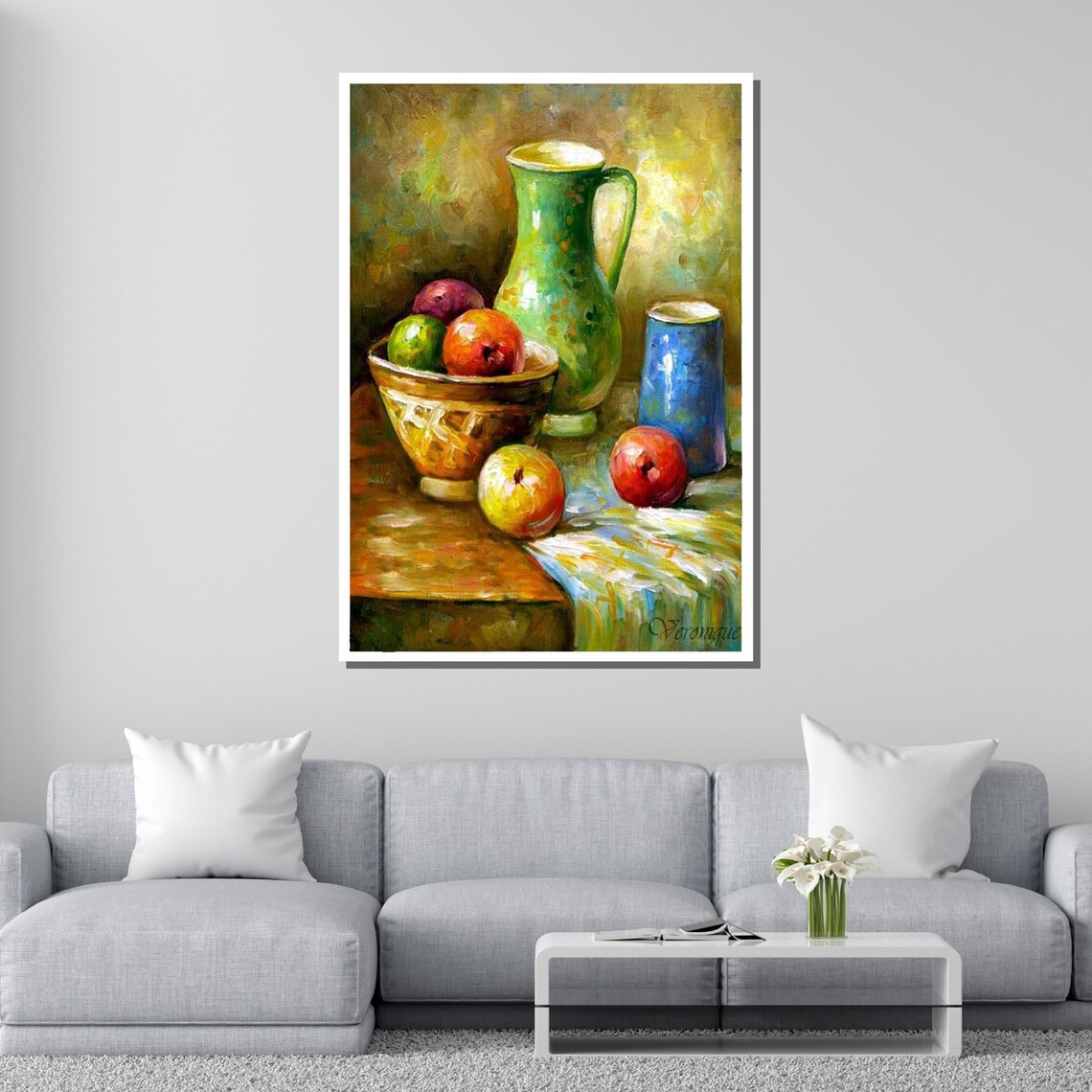 Rustic Fruit Still Life Vibrant Kitchen Art Colorful Jug And Apples Traditional Oil Painting Ready To Hang Home Decor - Image 2