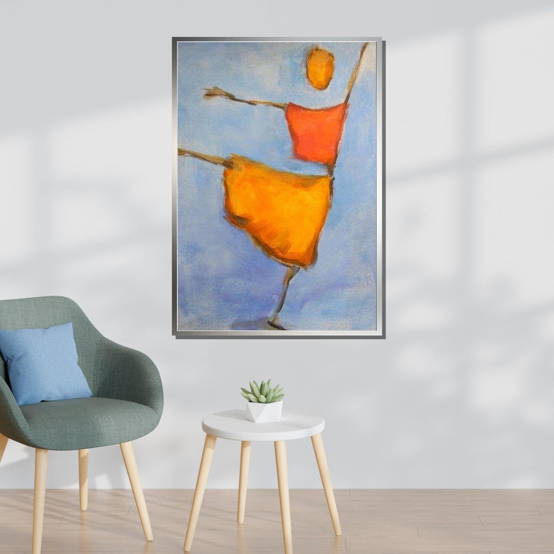 Joyful Abstract Dancer Orange Skirt Minimalist Blue Painting Print - Image 3