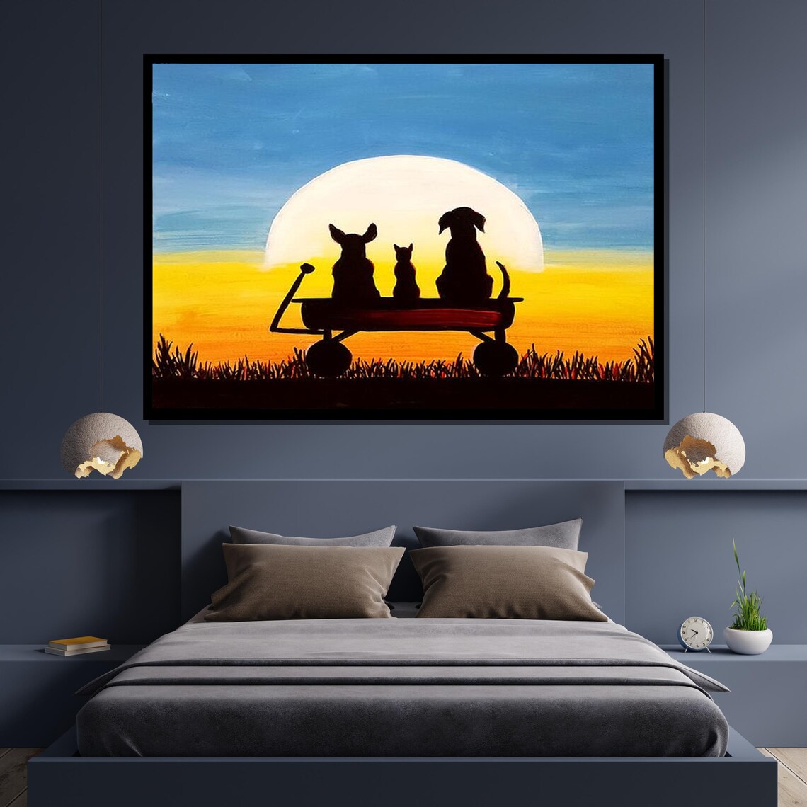 Sunset Companions Dogs And Cat Wagon Silhouette Pet Friendship Art Poster - Image 4